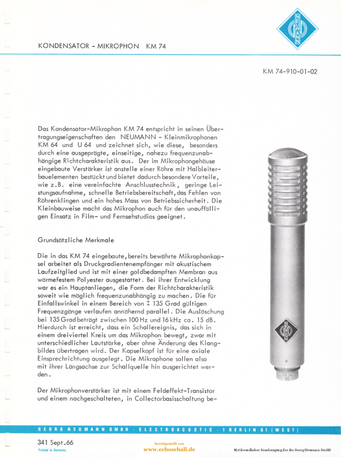 Neumann Prospekt KM74 Mikrofon 1966 deutsch