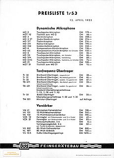 Sennheiser Labor W Preisliste 1953 deutsch