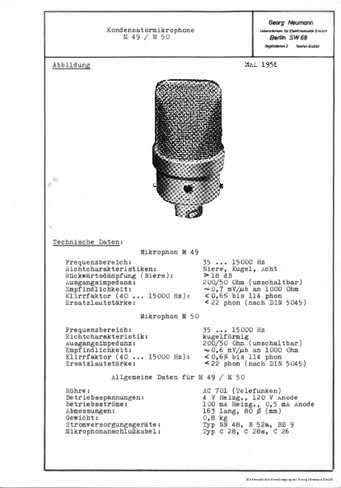 Neumann Prospekt M49 M50 Mikrofone 1956 deutsch