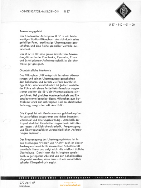 Neumann Prospekt U87 Mikrofon 1967 deutsch