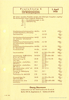 Neumann Preisliste Schallplattentechnik 1958 deutsch