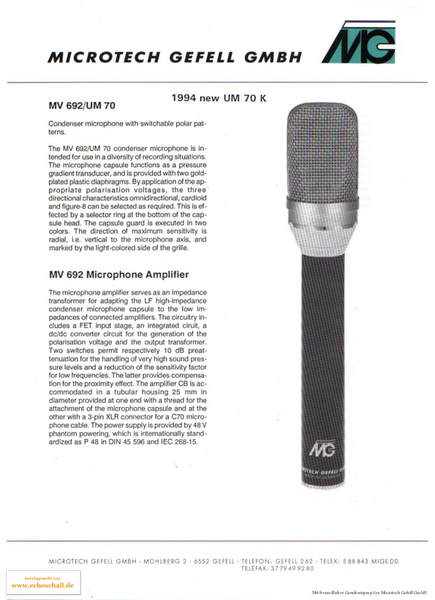 Microtech Gefell Brochure MV692/UM70 Microphone english