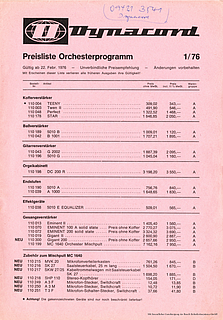 Dynacord Preisliste Orcherprogramm 1976 deutsch