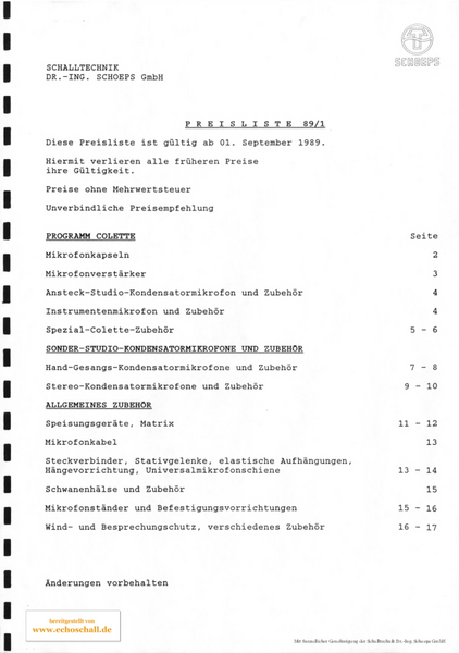 Schoeps Preisliste Mikrofone 1989 deutsch