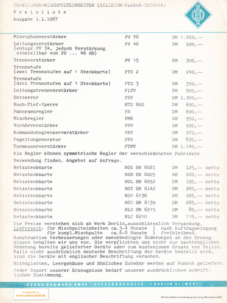 Neumann Preisliste Mischpulttechnik 1967 deutsch