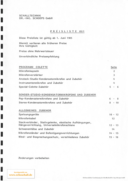 Schoeps Preisliste Mikrofone 1985 deutsch