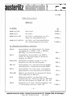 Austerlitz Preisliste Nagra 4.2 1981 deutsch