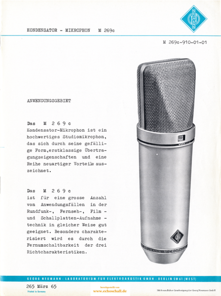 [Translate to Englisch:] Neumann Prospekt M269c Mikrofon 1966 deutsch
