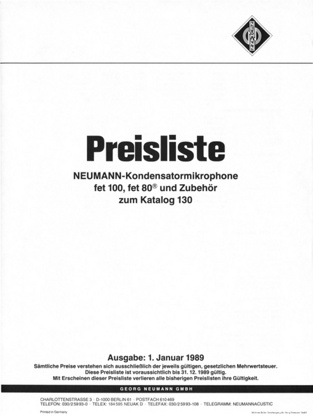 Neumann Preisliste Mikrofone 1989 deutsch