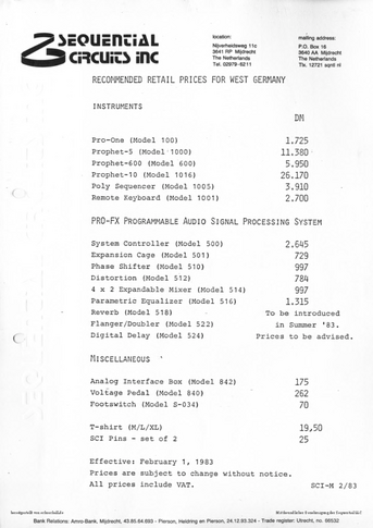 Sequential Circuits Price List 1983 english