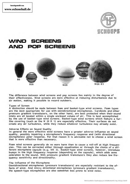 Schoeps Brochure Wind Screens and Pop Screens 1988 english