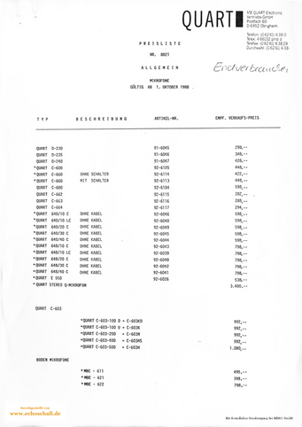 MB Quart Preisliste Mikrofone 1988 deutsch