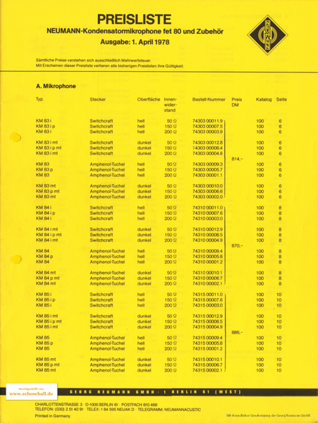Neumann Preisliste Mikrofone 1978 deutsch