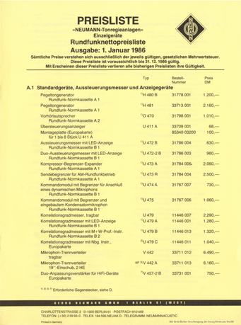 Neumann Preisliste Mischpulttechnik 1986 deutsch