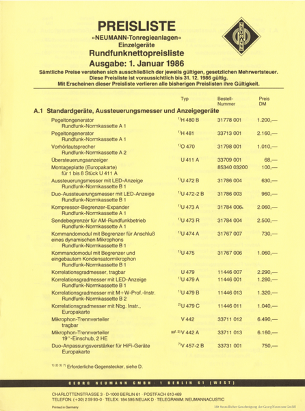 Neumann Preisliste Mischpulttechnik 1986 deutsch