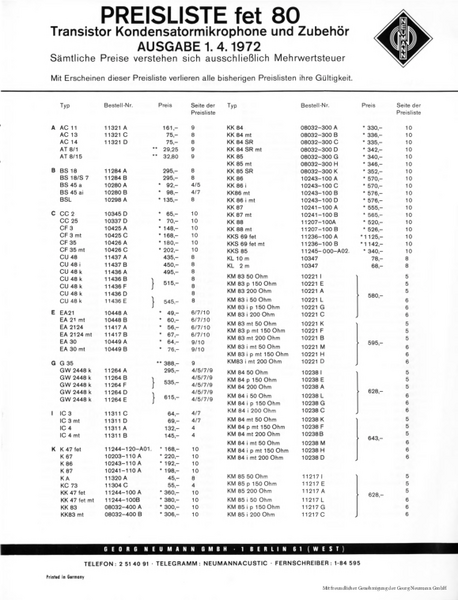 Neumann Preisliste Mikrofone 1972 deutsch