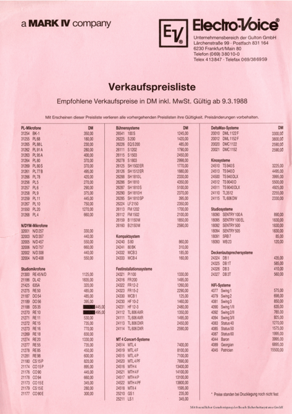 Electro-Voice Preisliste 1988 deutsch