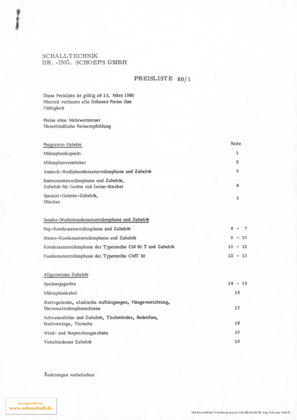 Schoeps Preisliste Mikrofone 1980 deutsch
