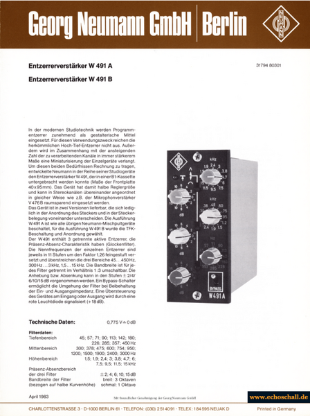 Neumann Prospekt W491A W491B Aktive Entzerrer 1983 deutsch