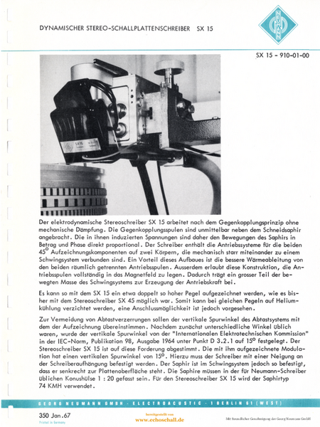 Neumann Prospekt SX15 Stereo-Schallplattenschreiber 1967 deutsch
