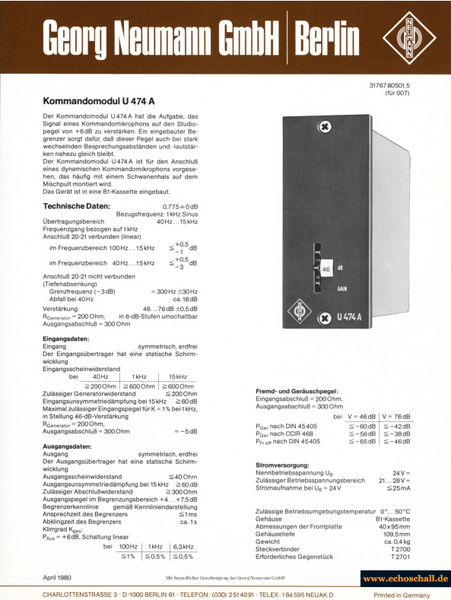 Neumann Prospekt U474A Kommandomodul 1980 deutsch