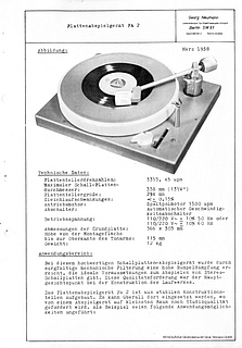 Neumann Prospekt PA2 Schallplattenabspielgerät 1958 deutsch
