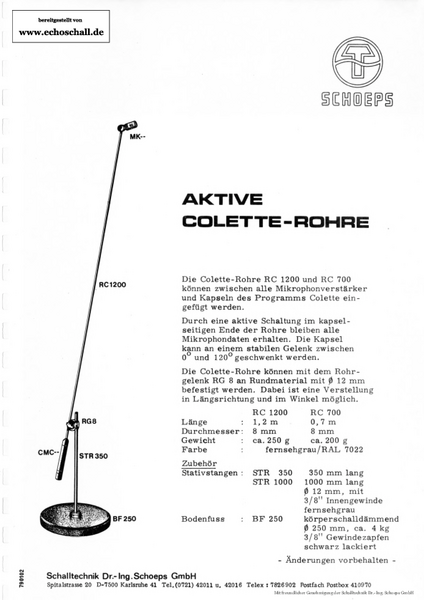 Schoeps RC1200 RC700 Aktive Colette-Rohre 1979 deutsch