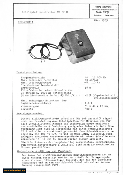 Neumann Prospekt MS52H Schallplattenschreiber 1955 deutsch