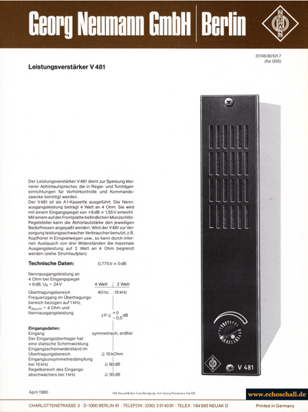 Neumann Prospekt V481 Leistungsverstärker 1980 deutsch
