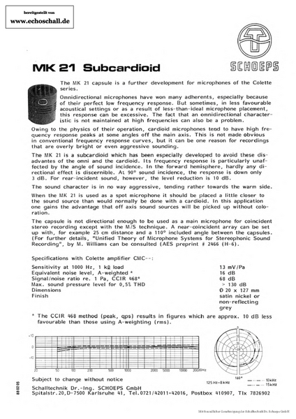 Schoeps Brochure MK21 Capsule Subcardioid 1988 english