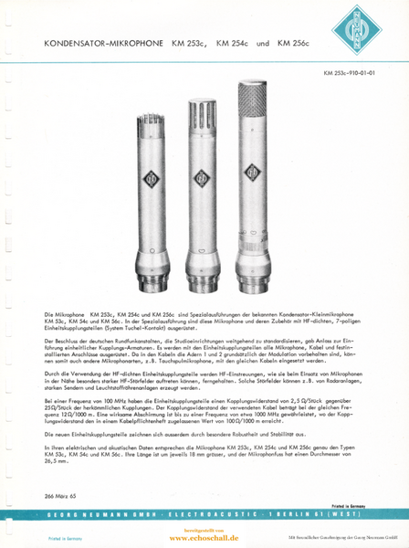 Neumann Prospekt KM253c KM254c KM256c Mikrofone 1965 deutsch 