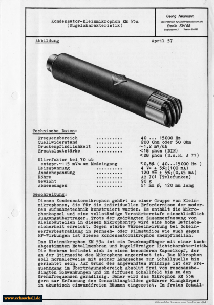 Neumann Prospekt KM53a Kleinmikrophon 1957 deutsch
