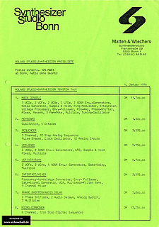 Roland Preisliste System 700 Synthesizerstudio Bonn 1978 deutsch