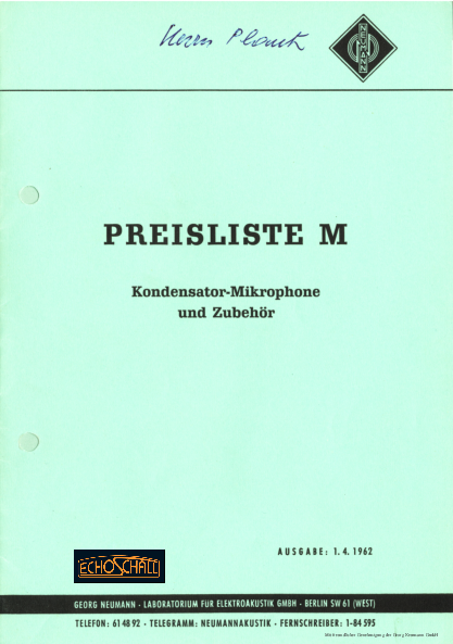 Neumann Preisliste Mikrofon 1962 deutsch