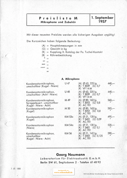 Neumann Preisliste Mikrofone 1957 deutsch