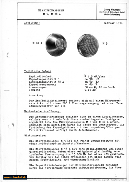 Neumann Prospekt M5 M48A Mikrofonkapseln 1954 deutsch