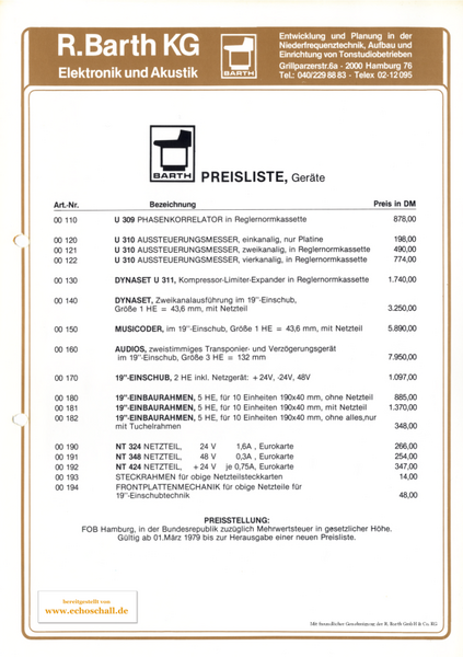 Barth Preisliste 1979 deutsch