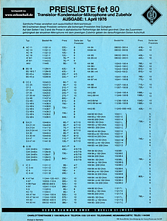 Neumann Preisliste Mikrofone 1976 deutsch