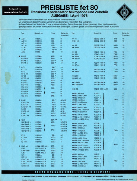 Neumann Preisliste Mikrofone 1976 deutsch