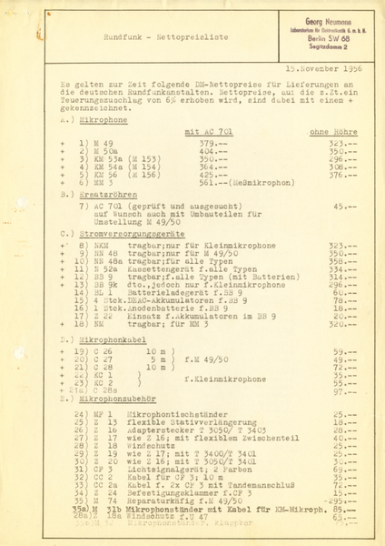 Neumann Preisliste Mikrofone Rundfunk 1956 deutsch