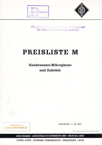 Neumann Preisliste Mikrofone 1961 deutsch
